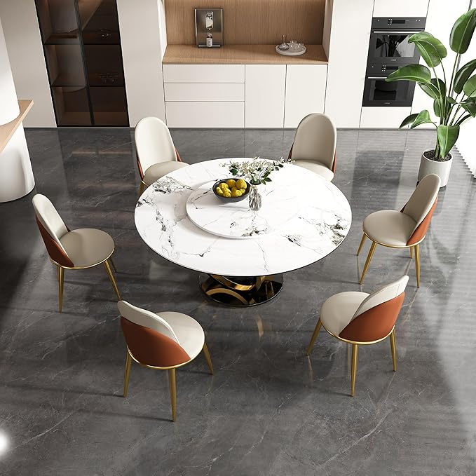 59" Round Modern Marble Dining Table with Lazy Susan, Sintered Stone Top for Kitchen, Dining Room, Dinette, Space Saving Design
