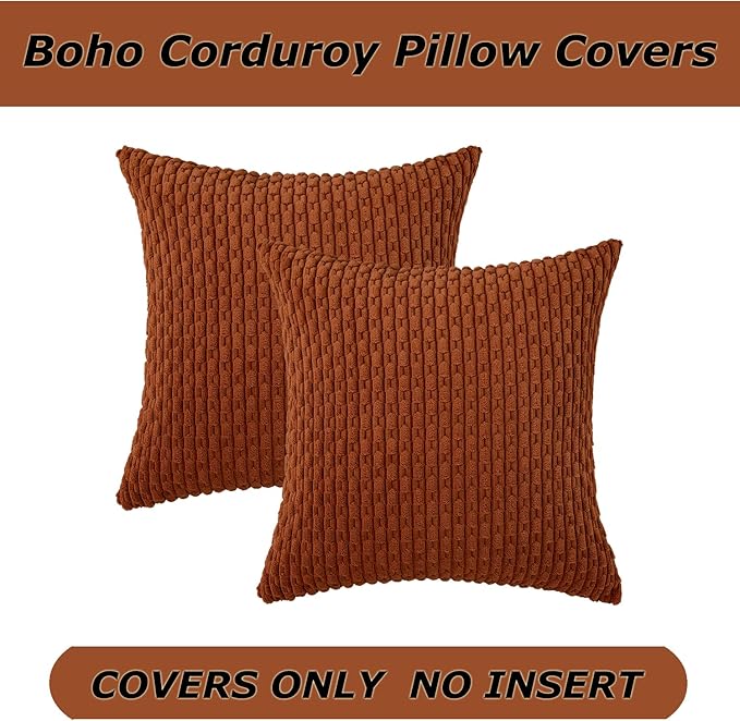 Kevin Textile Fall Throw Pillow Covers Soft Corduroy Decorative Set of 2 Boho Striped Pillow Covers Pillowcases Farmhouse Home Decor for Couch Bed Sofa Living Room 22x22 Inch Rust Brown