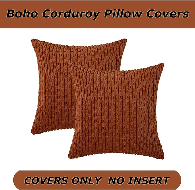 Kevin Textile Fall Throw Pillow Covers Soft Corduroy Decorative Set of 2 Boho Striped Pillow Covers Pillowcases Farmhouse Home Decor for Couch Bed Sofa Living Room 16x16 Inch Rust Brown
