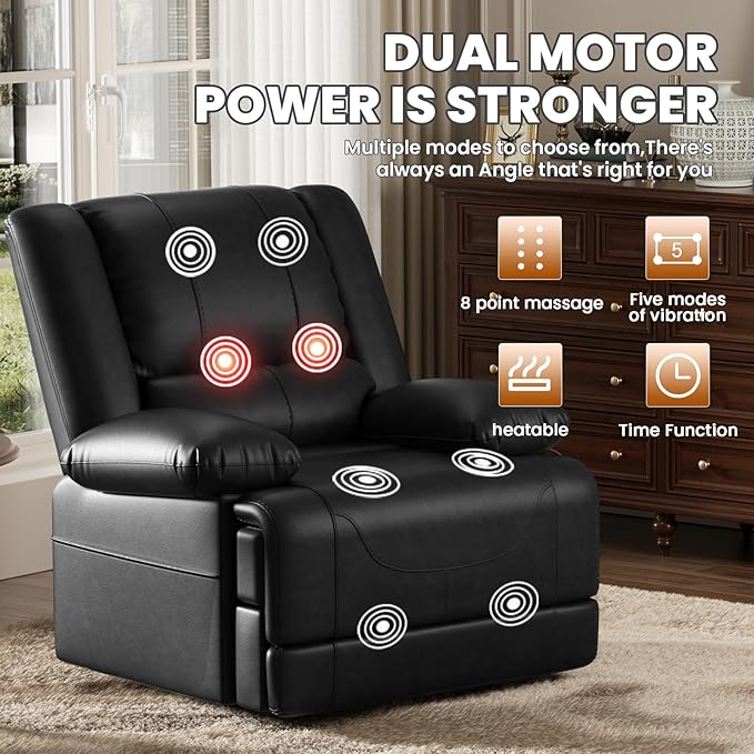 Large Dual Motor Power Lift Recliner Chair with Massage and Heat for Elderly People, Infinite Position,USB Ports and Remote Control,Breathable Leather (Black)