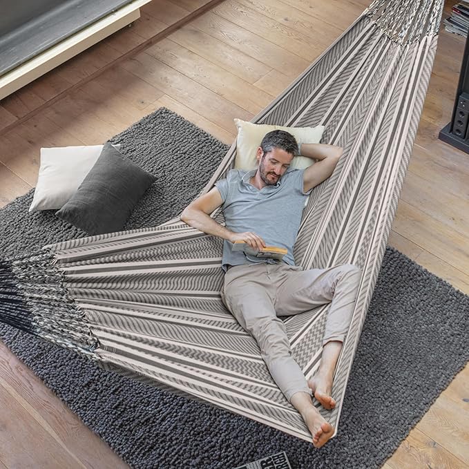 LA SIESTA® Flora Classic Cotton Hammock & TreeMount, Hammock & Tree Straps for Beams Posts - Indoor Outdoor Hammock, Extra Large Patio Hammock Bed Portable Hammock, 2 Person Hammock - King, Zebra
