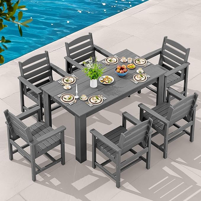 SERWALL Patio Dining Set for 6, Outdoor Dining Sets for 6 Person with 1 Umbrella Hole Cut-Out Rectangular Table and 6 Chairs, HDPE Dining Sets for Garden, Backyard, Poolside, Gray