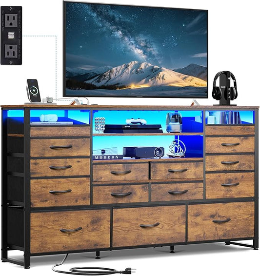 WLIVE TV Stand for 55, 60, 65 inch TV, Entertainment Center with LED Lights & Charging Station, TV Media Console Table with 15 Fabric Drawers and Open Shelves for Living Room, Hallway, Rustic Brown