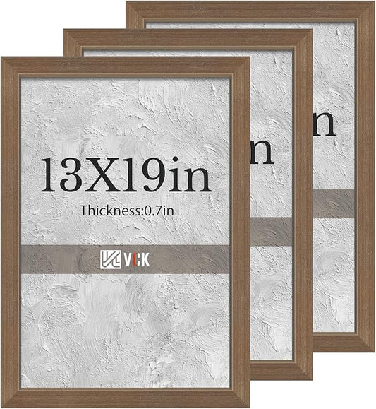VCK 13x19 Brown Picture Frames 3 Pack, High-End Wood Wide Border Poster Frame, Multi-Directional Display Family Photos, Office Prints, Studio/Gallery/Home Artwork