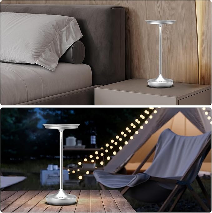 YHT Cordless Table Lamp, Restaurant Bedroom LED Rechargeable Stepless Dimming Desk Lamp, Outdoor Patio Portable 6000mAh IP54 Waterproof Table Light (Sliver 2Pack)