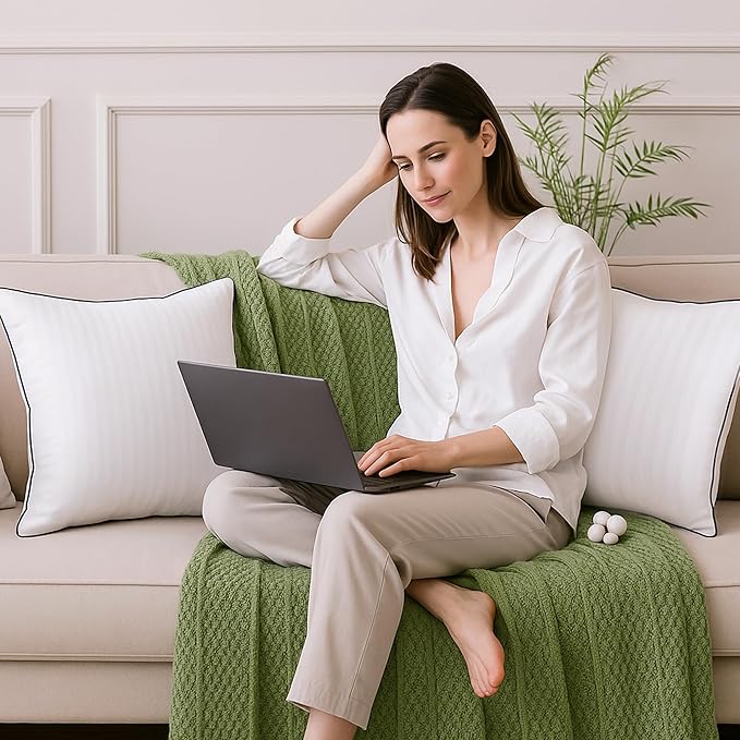 Pillows Insert 24'' x 24'' Set of 2, Decorative Euro Throw Pillows with Luxury Silky Covers for Indoor Couch, Sofa or Bed Decors, White Striped Cushion Sham Stuffer