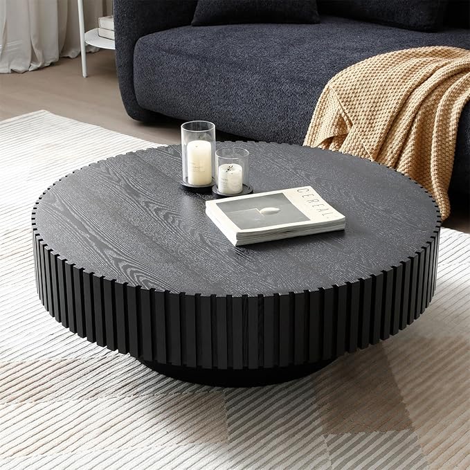 Round Coffee Table for Living Room, Accent Fluted Drum Coffee Table with Storage, Modern Solid Wood Circle Center Tea Table for Small Space Apartment (39.4''D×14''H-Black)