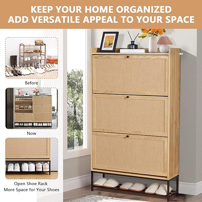 LEVNARY Shoe Cabinet for Entryway, Slim Shoe Cabinet with 3 Flip Drawers Narrow Shoe Storage Cabinet, 4 Tier Freestanding Shoe Organizer for Entryway, Hallway (2, Natural Oak)