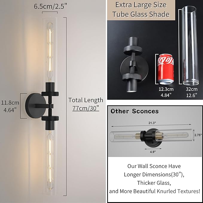 Black Wall Sconces Hardwired, 30" Bronze Wall Sconce for Bathroom, Linear Sconces Wall Lighting, 2-Light Knurled Wall Sconce Dimmable, Vanity Light with Tube Glass, Bathroom Light Fixtures over Mirror