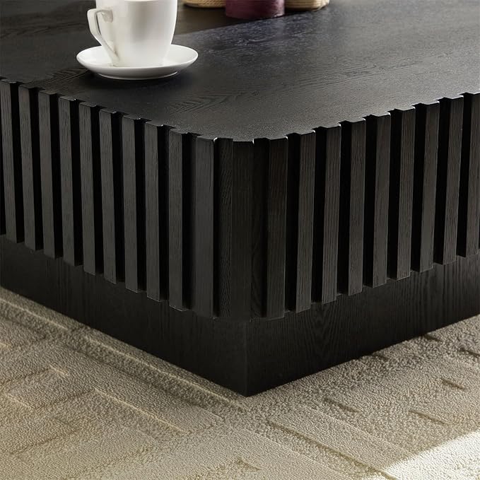 Square Coffee Table for Living Room, Accent Fluted Coffee Table with Storage, Modern Solid Wood Veneered Large Center Tea Table for Small Space Apartment (35.4''D×16''H-Black)