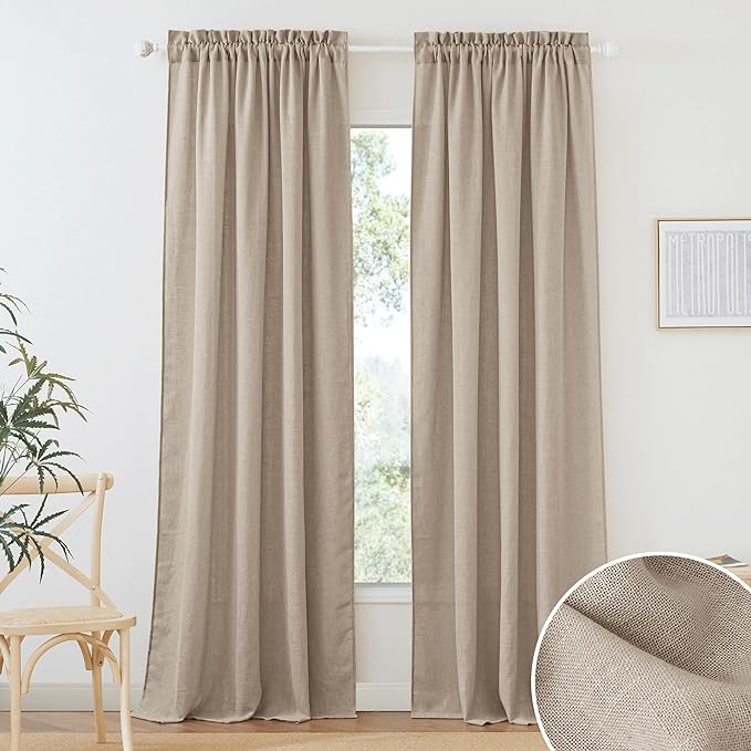 RYB HOME Natural Linen Curtains 102 inches Long, Light Filtering Privacy Protection 2 Panels Set Semi Sheer Home Decor for Sliding Glass Door Bedroom Doorway, W 52 x L 102 inches, Khaki
