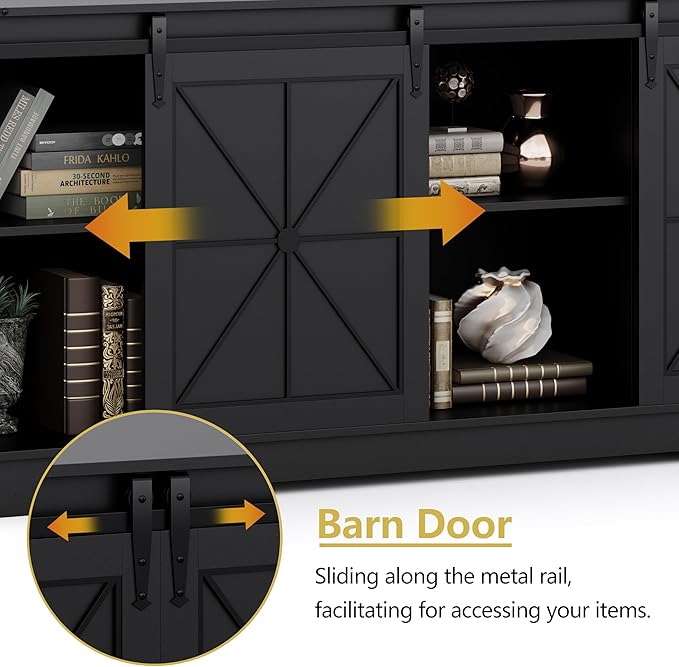 Farmhouse TV Stand for 65/60/55 Inch Tvs, Rustic Entertainment Center with Storage Cabinets & Sliding Barn Doors, Modern Media Console Table, Wood Television Furniture for Living Room, Bedroom, Black