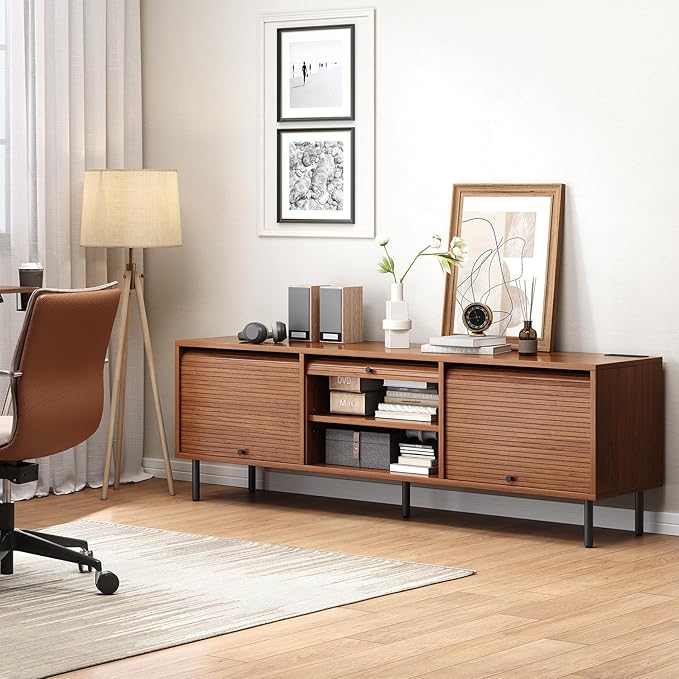 68 Inch TV Stand for TVs up to 75 Inch, Entertainment Center with Power Outlet, Mid-Century Modern TV Console with Storage, Adjustable Shelf & Sliding Doors, TV Stand for Living Room, Walnut
