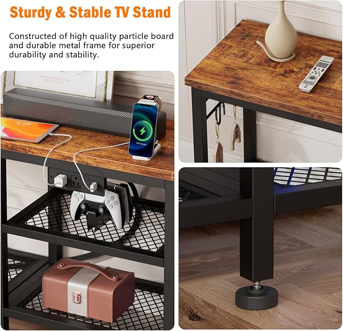 Furologee TV Stand with Power Outlets, Entertainment Center with Open Storage Shelves for TVs up to 55 Inch, Media Console Table with Soundbar Shelf for Living Room, Bedroom, Rustic Brown