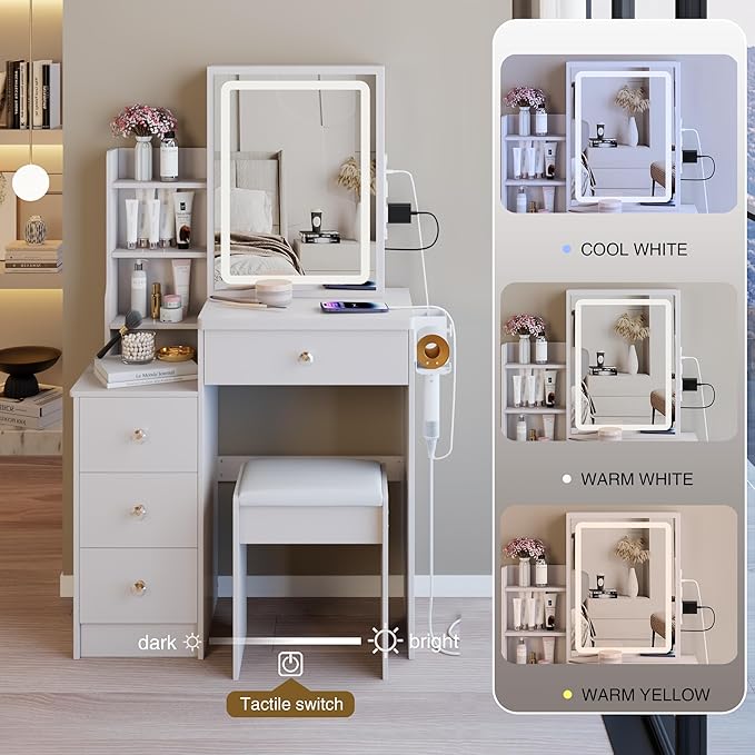 29.2" Small Vanity Desk with Mirror and Lights, Makeup Table with 2 AC+2 USB Power Station, Hair Dryer Bracket, Vanity Set with Drawers and Stool for Small Space Bedroom, White