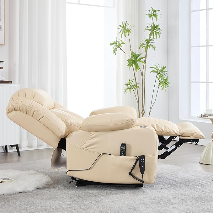 Electric Lay Flat Recliner Chair with Vibration Massage Heat for Elderly People, Power Lift Chair with Dual Motor Cup Holders, Faux Leather Beige
