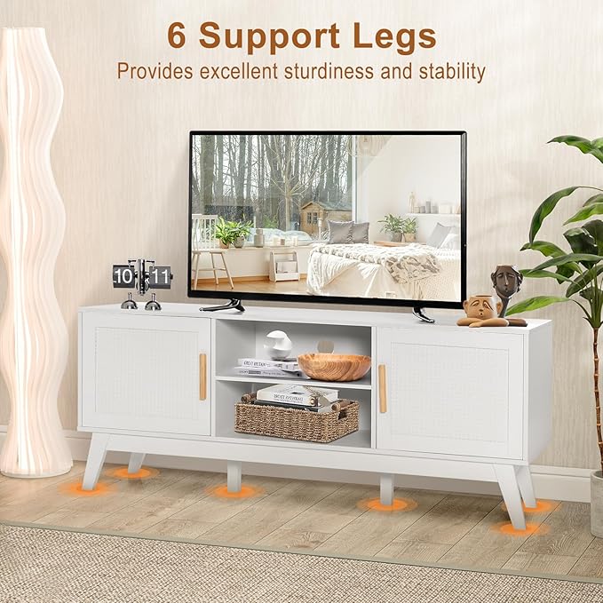 LOKO Natural Rattan TV Stand for 65-Inch TV, Media Storage Cabinet with 2 Doors, Adjustable Shelf, Modern Media Entertainment Center with Cable Management Holes for Living Room, Bedroom