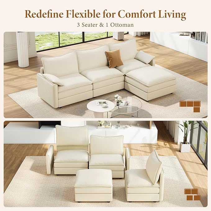 Vesgantti 108" Modular Sectional Sofa, Comfy Cloud Couch with Movable Ottoman Deep Seat Chenille L Shaped Modular Sofa, Sectional Couches for Living Room, Bedroom and Apartment, Beige