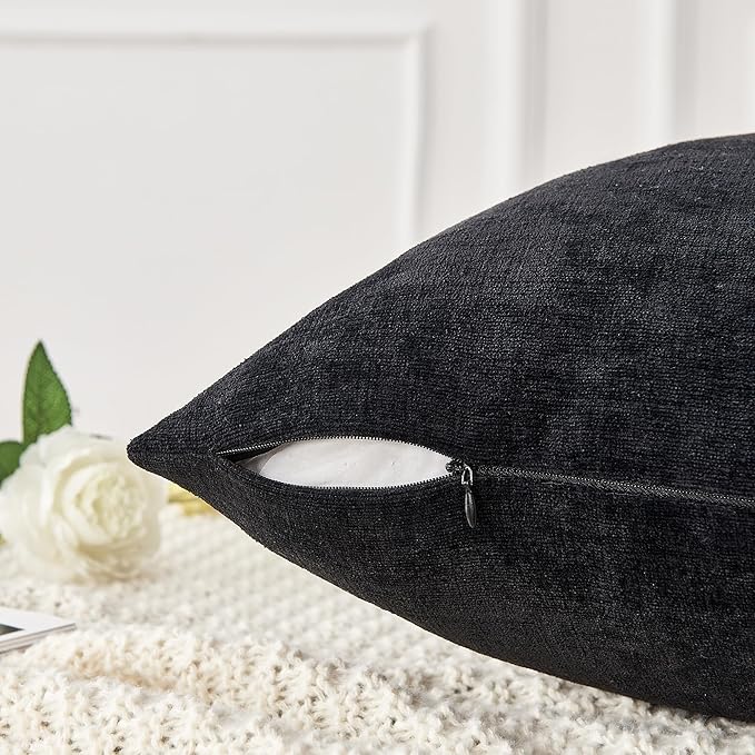 GAWAMAY Decorative Chenille Throw Pillow Covers 26x26 Inch Pack of 2, Soft Square Couch Pillow Cover for Sofa Cushion Living Room Bedroom Solid Dyed Oversized Pillowcases Black 66x66cm (ONLY Covers)