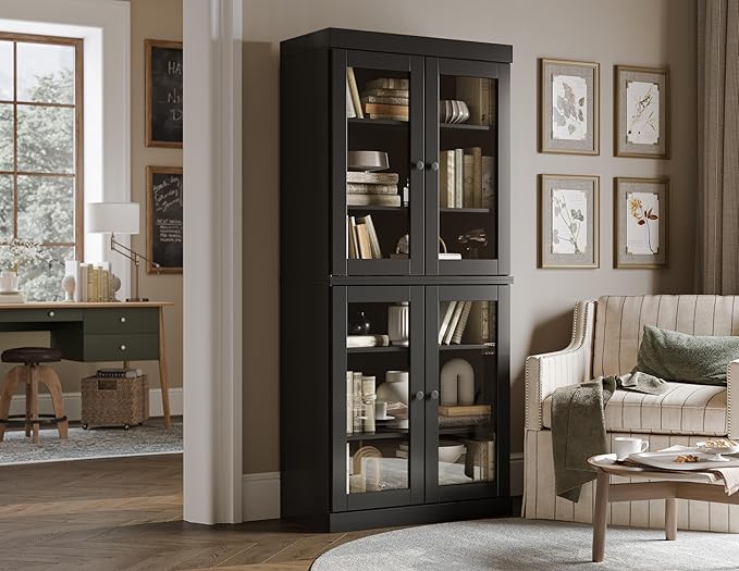 Palace Imports Solid Wood Bookcase - 6-Tier Bookshelf, 71.5” H x 32” W - Black, Clear Glass Cabinet Doors & Adjustable Shelves, Tall Bookcase, 100% Renewable Eco-Friendly Wood, Made in Brazil