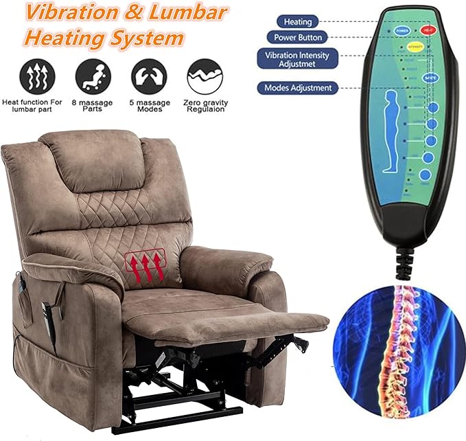 Lift Chair Recliner Lay Flat 180-Degree, Heavy Duty, Infinite Position Electric Recliner Chair Lift Chair with Massage and Heat, Dual Motor Power Stand Up Lifting Recliners for Seniors (Brown)