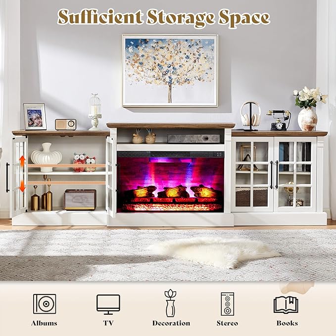 AMERLIFE 97" Farmhouse Fireplace TV Stand, Entertainment Center with Large Storage Space and Adjustable Shelf, Media Console for Living Room, White/Barnwood