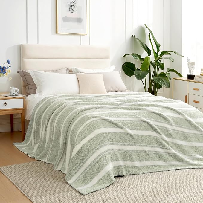 Snuggle Sac Stripe Sage Green Blanket Twin Size, Reversible Super Soft Warm Bed Blankets, Cozy Knit Fuzzy Blanket for Bed,Sofa, Living Room, Stripe Green, 60"x80"