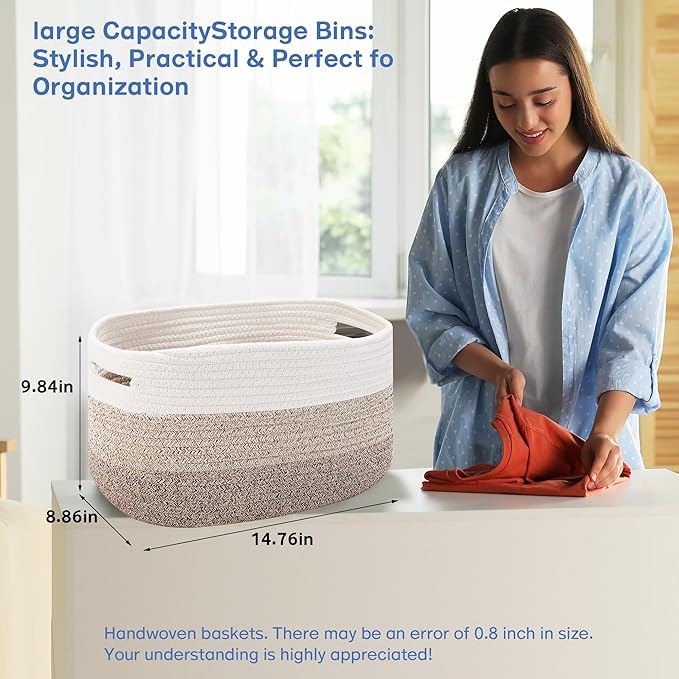 4 Pack Woven Storage Baskets for Organizing - Cotton Rope Baskets for Closet, Toys, Books, Towels, Durable Storage Bins for Shelves, Living Room, Bedroom, 14.76''Lx9.84''Wx8.86''H (khaki, 13")