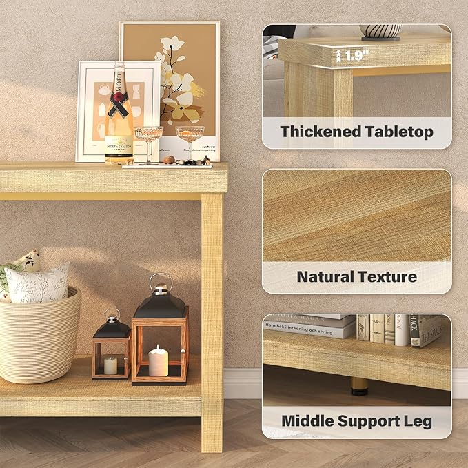 63 Inches Narrow Console Table, 2-Tier Long Sofa Tables Behind Couch Table, Farmhouse Foyer Tables for Entryway, Hallway, Living Room, Oak Natural