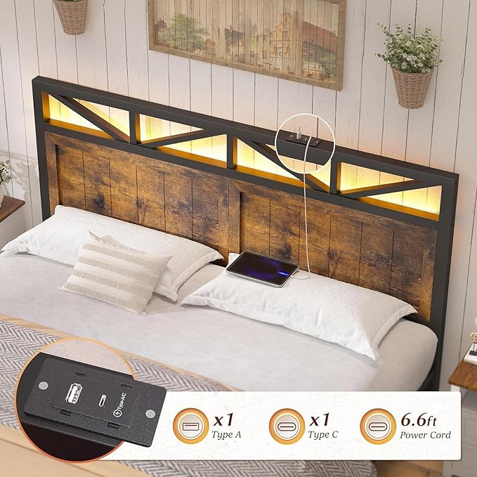 EnHomee Full Size Bed Frame with Headboard and Storage, 2 Drawers & LED Light Built in Charging Station,NO Noise,No Box Spring Needed,Brown