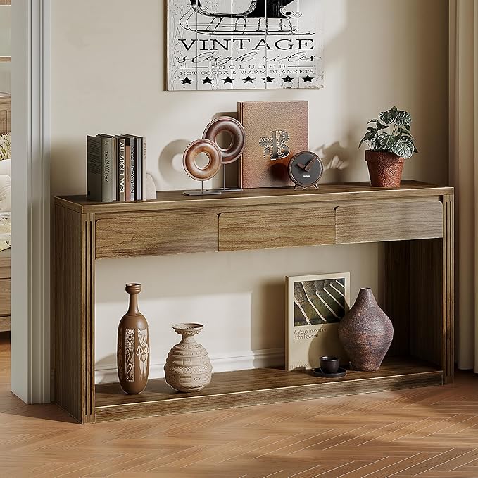 Treocho 63.9" Long Console Tables for Entryway, Farmhouse Entryway Table with Drawers, Narrow Sofa Table Behind Couch Table for Living Room, Entrance, Hallway, Walnut