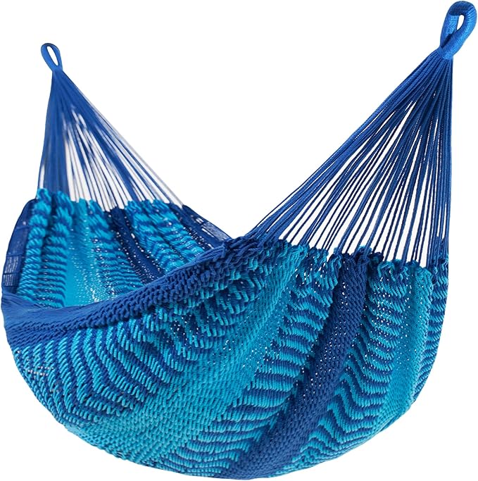 Lazy Daze Hammocks Handwoven Mayan Hammock, 10.5 FT Soft Rope Double Hammocks, Portable Outdoor Hammock with Carry Bag, 2 Straps & carabiners for Patio Outside, 550 lbs Weight Capacity, Blue/Dark Blue