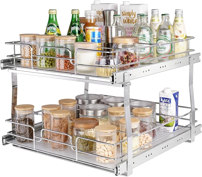 VEVOR 20"Wx21"D Pull Out Cabinet Organizer, 20"Wx21"D 2 Tier Heavy Duty Slide Out Pantry Shelves, Chrome-Plated Steel Roll Out Drawers, Sliding Drawer Storage, 21.5"Wx22"D Install Size for Cabinet