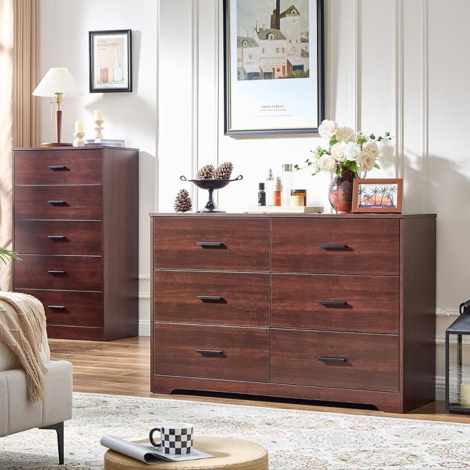 LIDYUK Dark Cherry Dresser for Bedroom, 6 Drawer Dressers & Chests of Drawers, Modern Wood Dresser, 48 Inches Wide Chest of Drawers for Bedroom, Hallway, Living Room