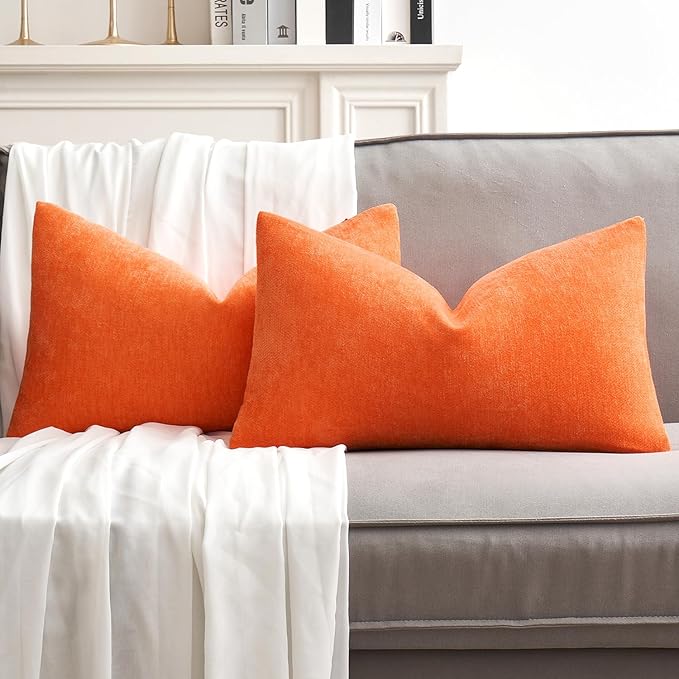 MIULEE Pack of 2 Bright Orange Decorative Fall Pillow Covers 12x20 Inch Soft Chenille Couch Throw Pillows Farmhouse Cushion Covers for Home Decor Sofa Bedroom Living Room