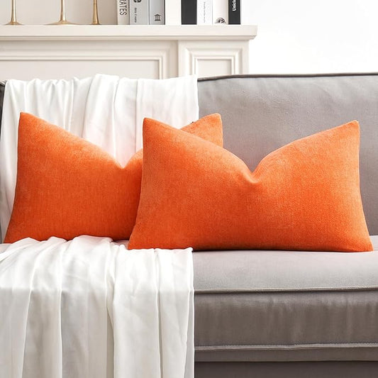 MIULEE Pack of 2 Bright Orange Decorative Fall Pillow Covers 12x20 Inch Soft Chenille Couch Throw Pillows Farmhouse Cushion Covers for Home Decor Sofa Bedroom Living Room