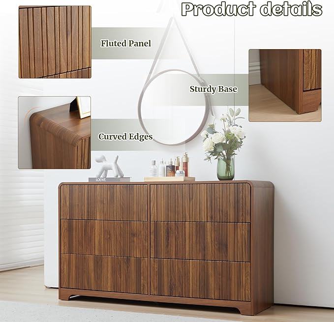 Fluted 6 Drawers Dresser for Bedroom, 53" Wide Mid Century Modern Chest of Drawers with Curved Profile Design, Large Wood Double Dresser for Living Room (Walnut)