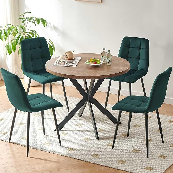 37" Round Table Set for 4 Person, Modern Kitchen Table Set, Imitation Wood Dining Table with Space Saving Dining Chairs, Dark Green Velvet Side Chairs