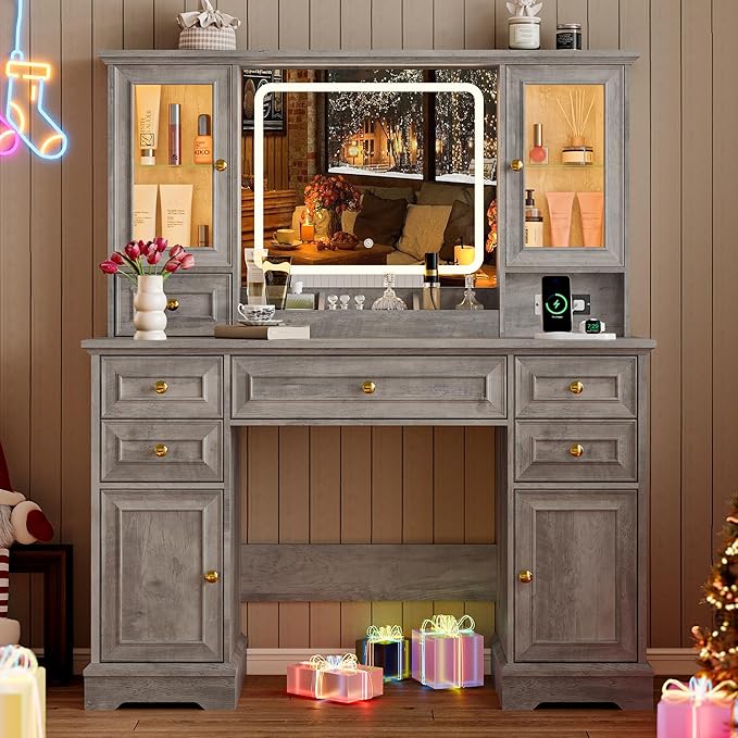 Vanity Desk with Lights, Large LED Mirror with 3 Color Modes, Makeup Vanity with Power Outlet & USB Ports, 6 Drawers & 2 RGB Glass Cabinets, Farmhouse Dressing Table for Women & Girls (Wood)