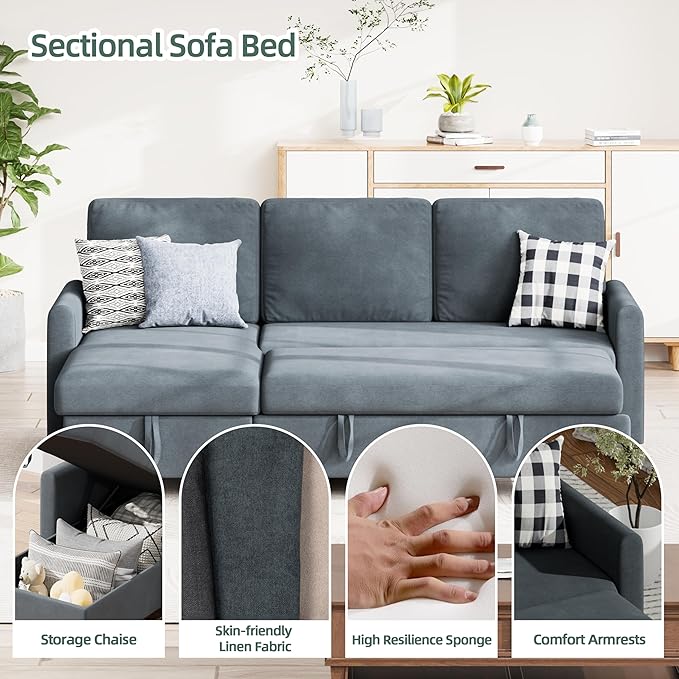 Shintenchi Sofa Couch, Sofa Bed- 2 in 1 Pull Out Couch Bed with Storage Chaise for Living Room, Sofa Bed Sectional Sofa Couch Linen Couch (Blue Grey)