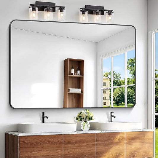 BONEWEI Black Bathroom Mirror,60x40 inch Wall Mirror for Bathroom Wall Mounted,Rectangle Mirror for Bathroom Over Sink,Modern Frame Round Corner for Living Room,Bedroom Entryway,Horizontal/Vertical
