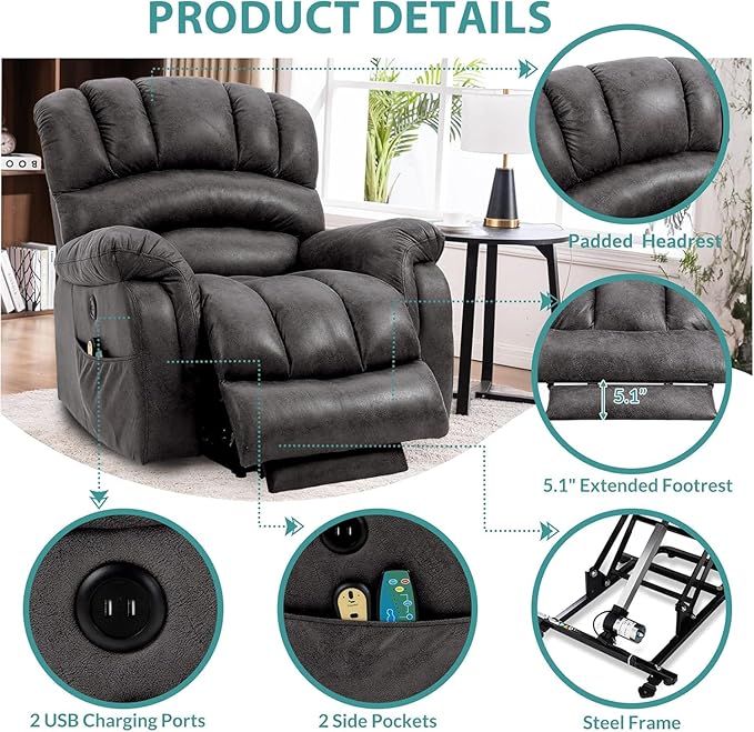 MEETWARM Tall Man Large Power Lift Electric Recliner Chair with Extended Footrest for Elderly, Overstuffed Wide Recliner with Heat & Massage, 2 Remote Controls, Side Pockets, USB Ports(Gray)