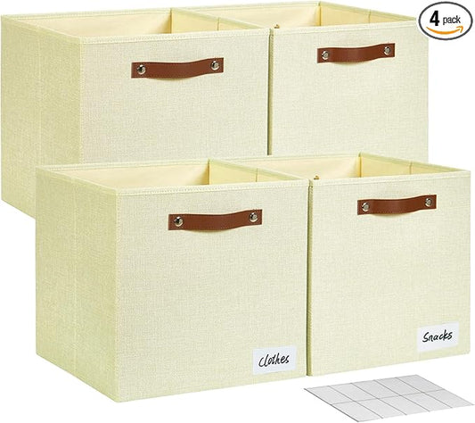 Collapsible Fabric Storage Cube Bins with 2 Reinforced PU Handles, Foldable Storage Organizer Baskets for Closet, Shelves, Living Room | 13"x13"x13", 4 Pack, Full Beige
