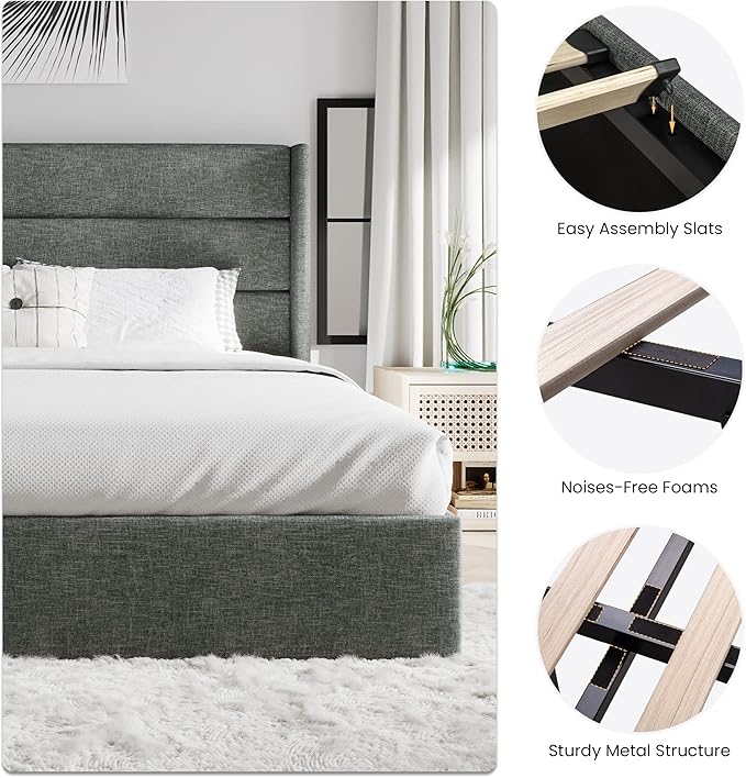 SHA CERLIN King Size Lift Up Storage Bed/Modern Wingback Headboard/Upholstered Platform Bed Frame/Hydraulic Storage/No Box Spring Needed/Wood Slats Support/Dark Grey