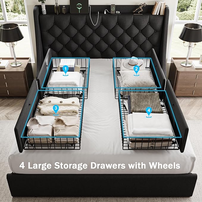 Queen Bed Frame with 4 Storage Drawers, Giant Upholstered Wingback Headboard, Fast Charging Station, No Box Spring Needed, Noise-Free, Black