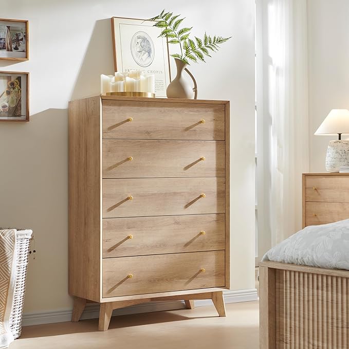 RedLemon 5 Drawer Dresser, 48" Tall Mid Century Modern Chest of Drawers, Beveled Profile Design, Wood Drawer Organizer for Bedroom, Living Room, Hallway, Natural Oak Color