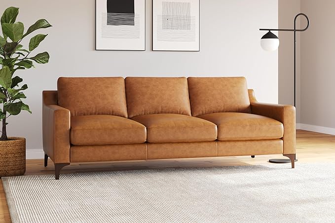 Valencia Hannah 86" Full Leather Sofa - Italian Nappa Premium Full-Aniline Leather Modern Cloud Couch for Living Room/Apartment Furniture, Saddle Tan