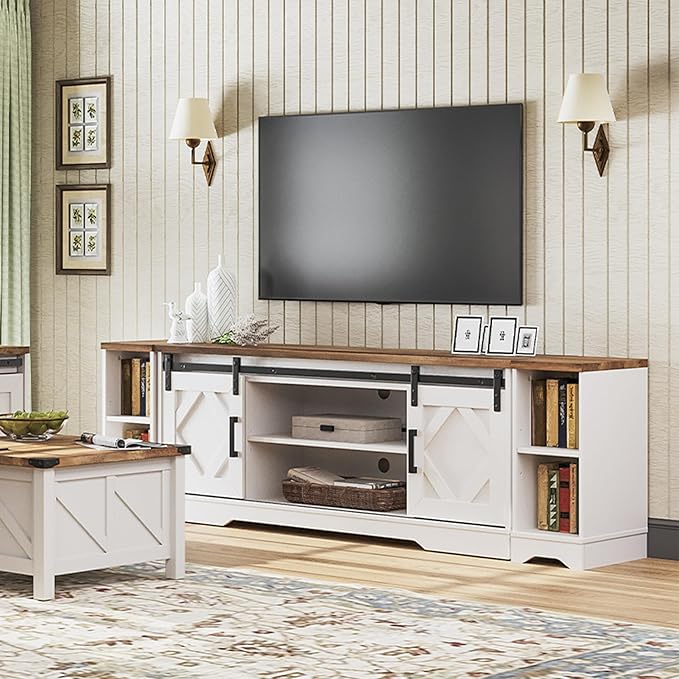 WAMPAT Modern Farmhousen TV Stand for up to 95" TVs,3-in-1 Wood Entertainment Center with Sliding Barn Door and Adjustable Media Storage Shelf for Living Room,Cream White