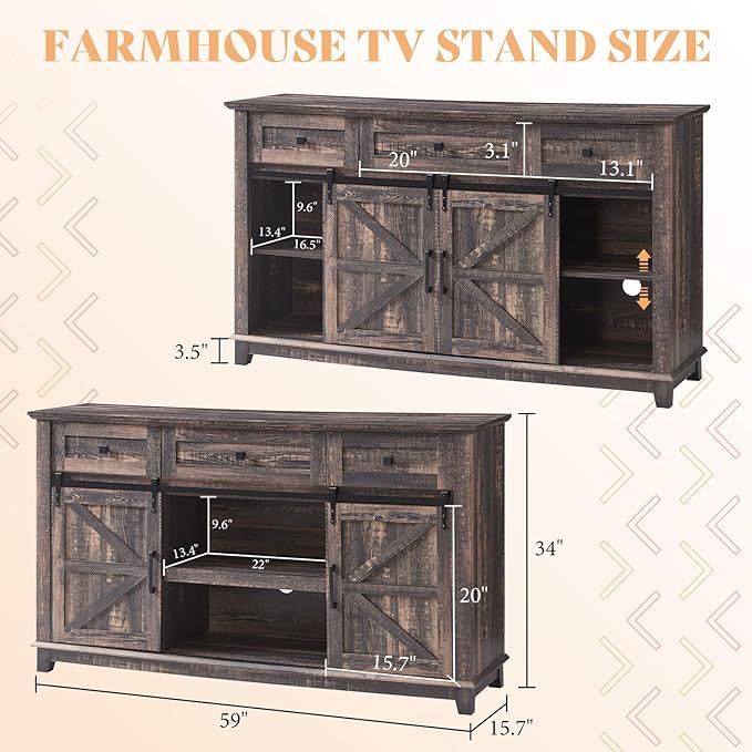 AMERLIFE Farmhouse TV Stand for Televisions up to 65 Inchs, Entertainment Center with Sliding Barn Doors and Storage Drawers, 59" TV Stand with Cabinets, Rustic Oak Black