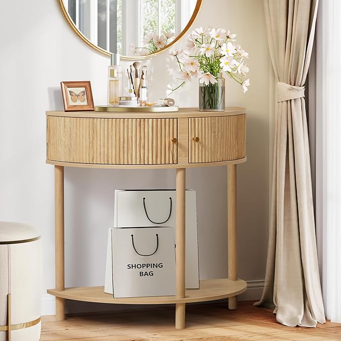 Fluted Half Moon Console Table, Modern Small Entry Table Sofa Table with Storage, Solid Wood Legs Narrow Entryway Table for Living Room, Hallway, Foyer(Natural)